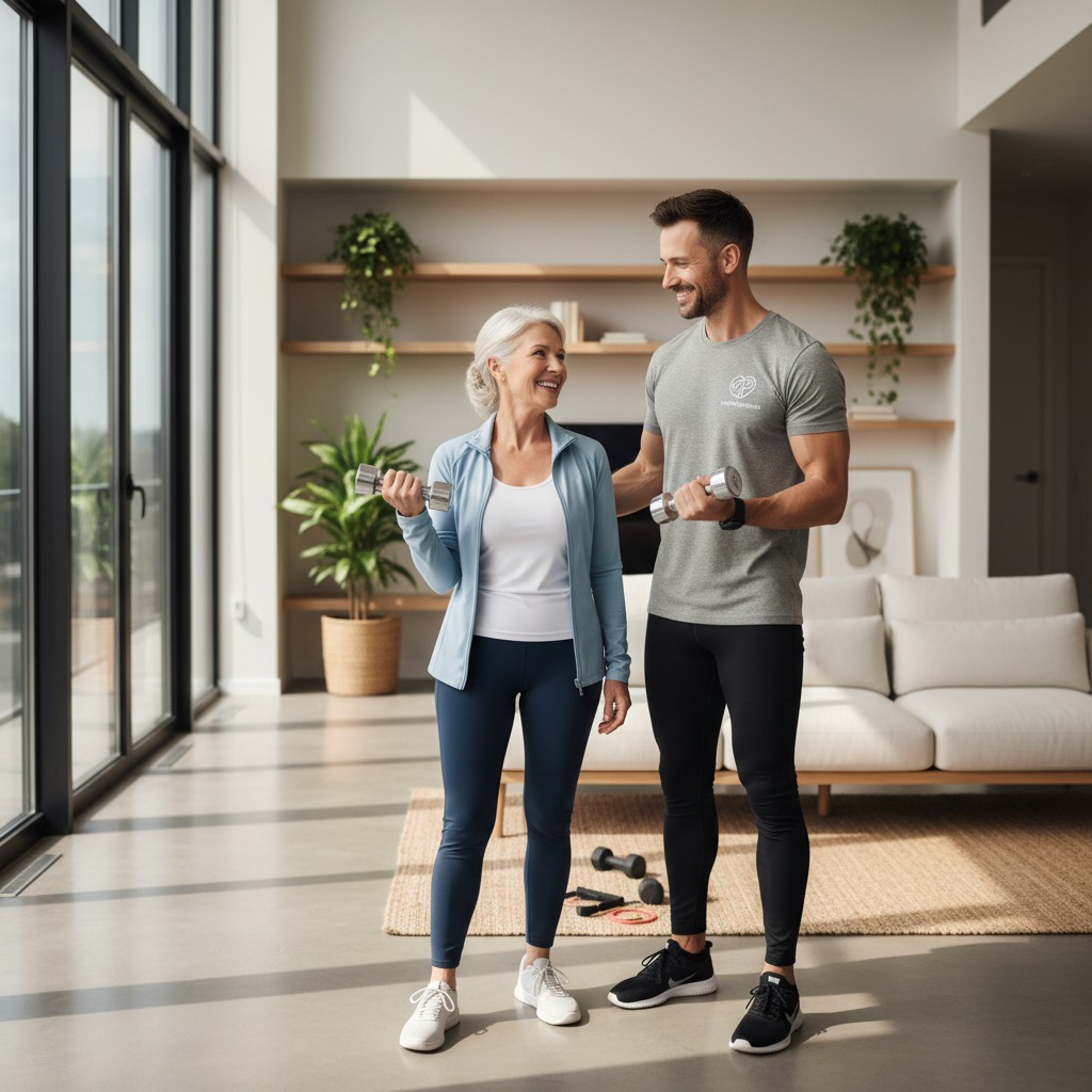 A bright, modern lifestyle photo of a certified personal trainer helping a happy senior woman (65-75 years old) perform strength exercises inside a beautiful contemporary home. Natural sunlight coming through large windows, clean modern interior, warm and welcoming atmosphere, realistic photography, healthy active aging, smiling faces, premium fitness brand, soft neutral colors, professional commercial photography, shallow depth of field, ultra realistic, 8K.
