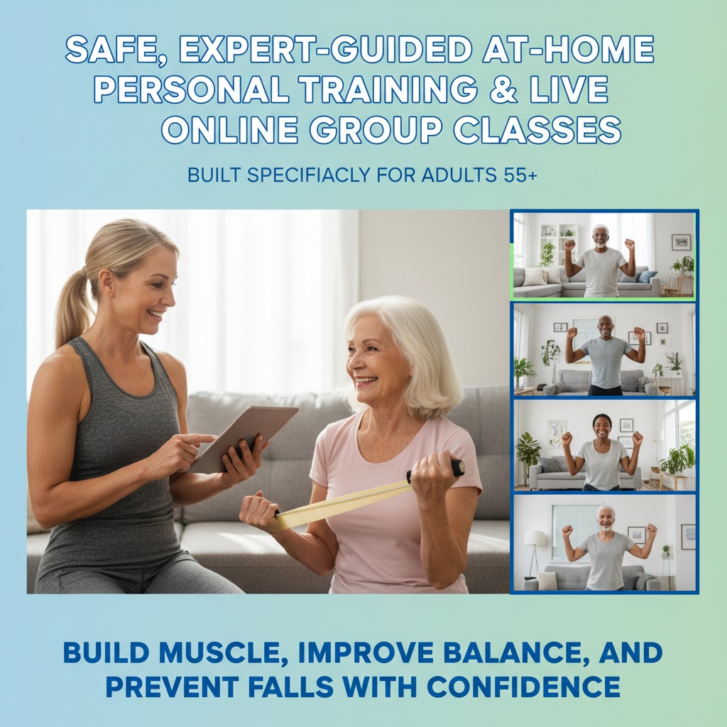 Safe, Expert-guided at-home personal training and live online group classes built specifically for adults 55+. Build muscle, improve balance, and prevent falls with confidence.